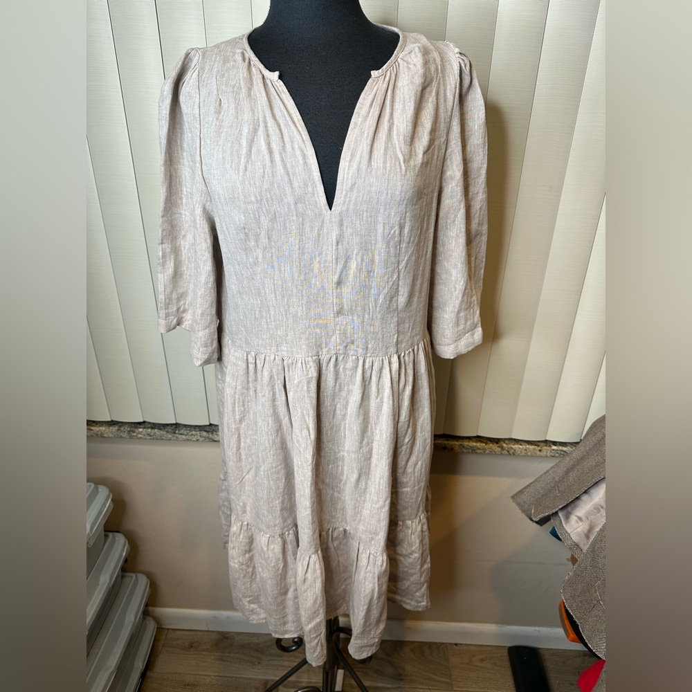 Cynthia Rowley Beige Linen Blend Peasant Tiered Minimalist Dress Size Large